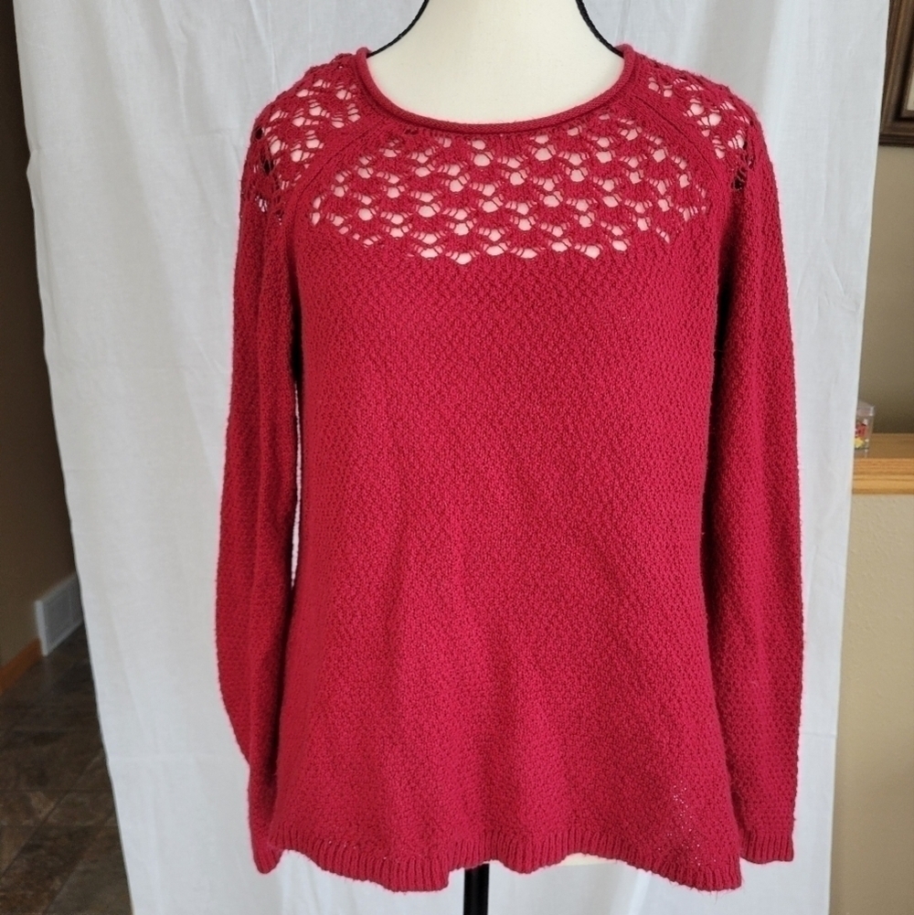 Elle candy apple red knit open crochet pullover sweater M
